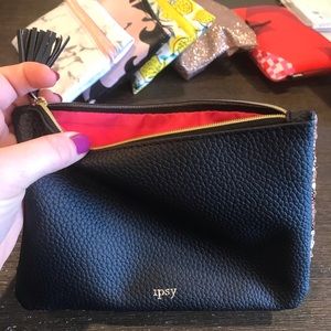 Sequins and leather make up bag